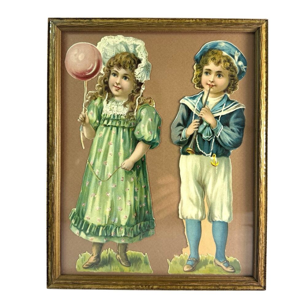 Antique Victorian Die Cut Scrap Art Children Sailor Boy Girl Balloon Framed